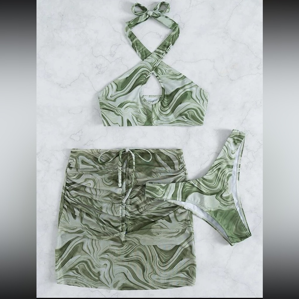 Green bikini with mesh bottom cover up